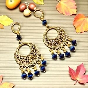 Handmade Gold and Blue Chandelier Earrings